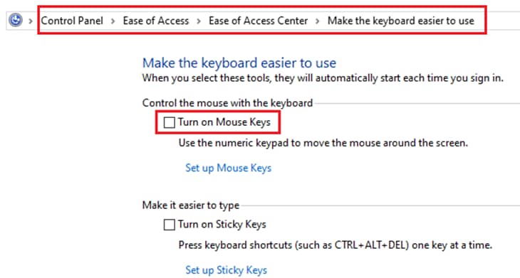 Trong trường hợp các phím chuột được bật, bạn có thể không truy cập được các phím số