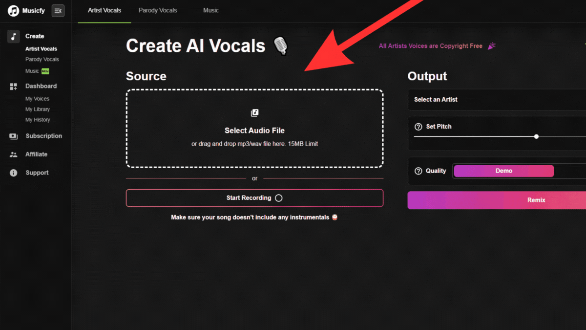 Bước 6: Ở mục Creat For Artist, bạn sẽ tiến hành tải file Vocal lên.