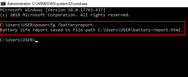 Bước 2: Trong giao diện Command Prompt, nhập tiếp lệnh powercfg /batteryreport (người dùng có thể copy dòng lệnh này) và nhấn Enter. Kết quả thu được sẽ như ảnh bên dưới: