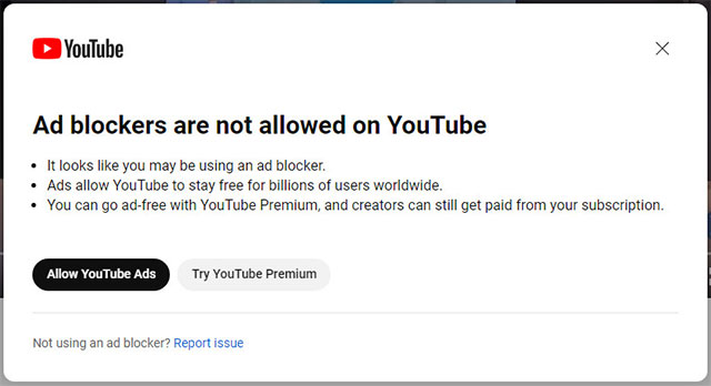 Google xác nhận đang thử nghiệm tính năng chặn trình chặn quảng cáo (ad blocker) trên YouTube web