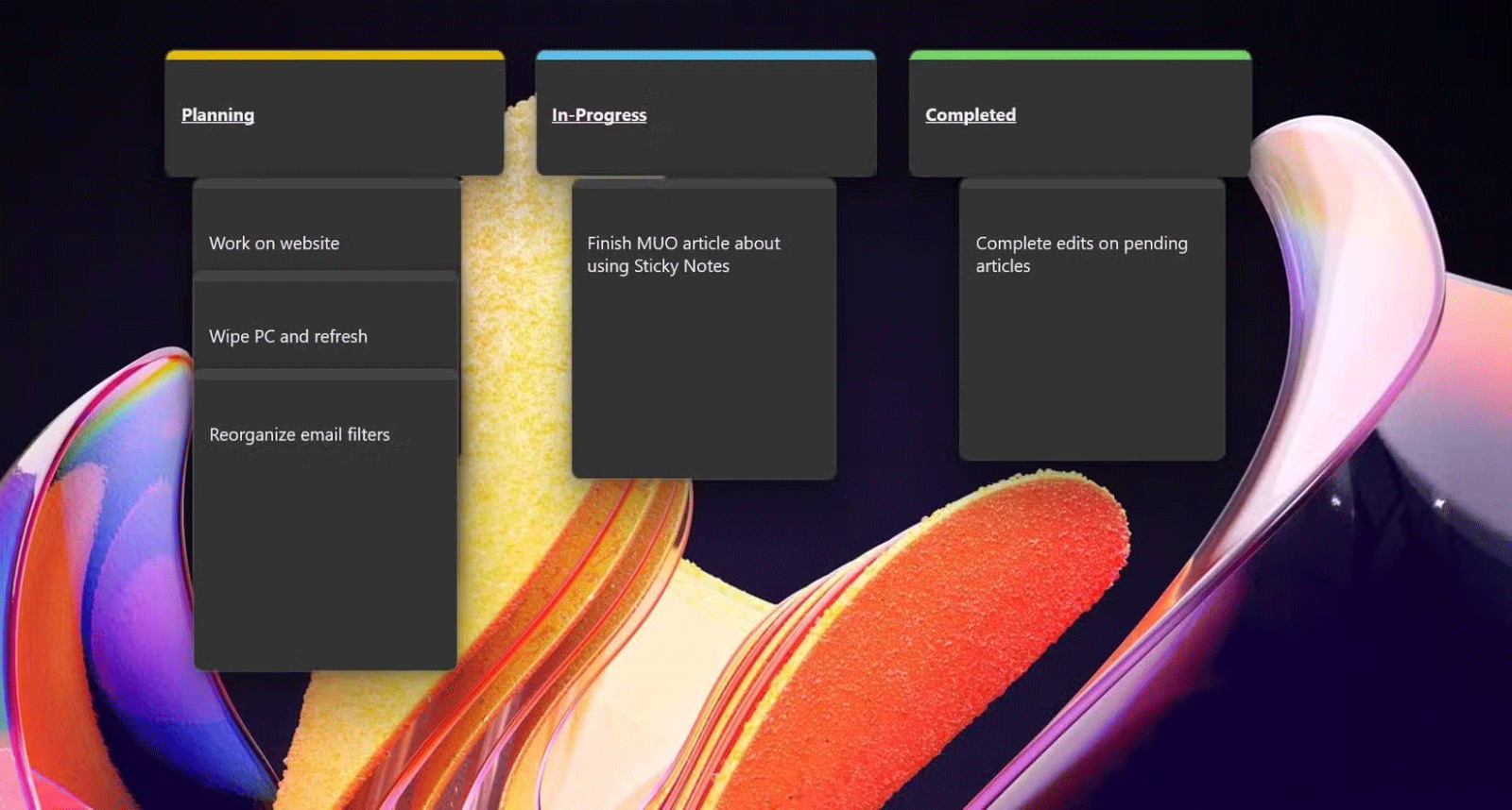  Một bảng Kanban tạm thời được tạo bằng Windows Sticky Notes