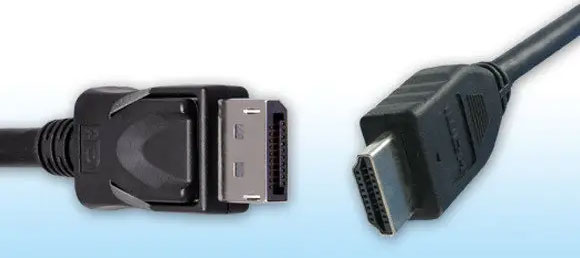 Đầu nối DisplayPort (bên trái) và cáp HDMI (bên phải) Đầu nối DisplayPort (bên trái) và cáp HDMI (bên phải)