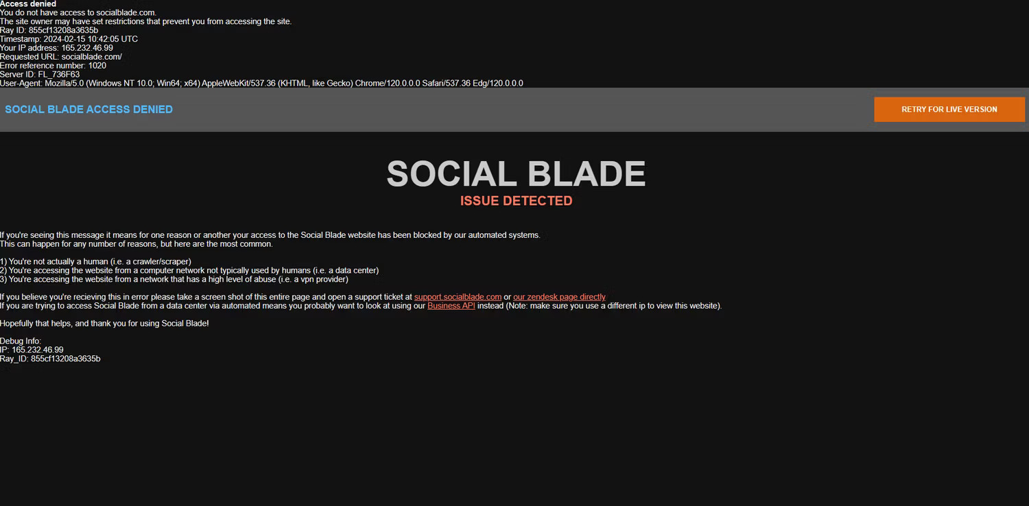 Thông báo chặn VPN trên trang web Social Blade