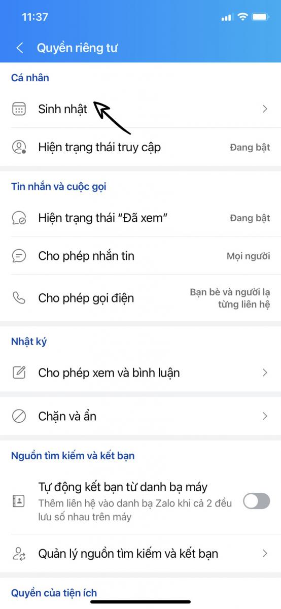Bước 2: Vào Quyền riêng tư > chọn sinh nhật