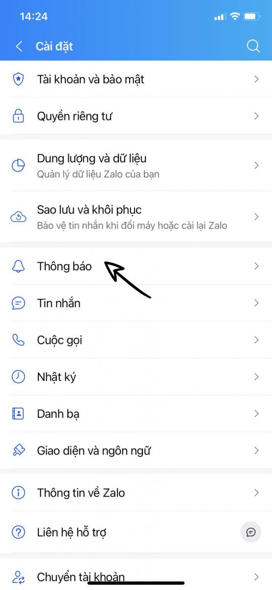 Chọn mục Thông báo