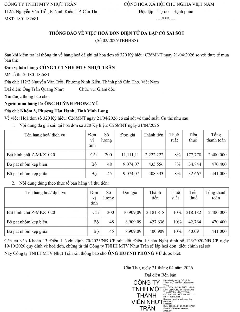 THÔNG BÁO VỀ VIỆC HOÁ ĐƠN ĐIỆN TỬ ĐÃ LẬP CÓ SAI SÓT (Số 02/2026/TBHHSS)