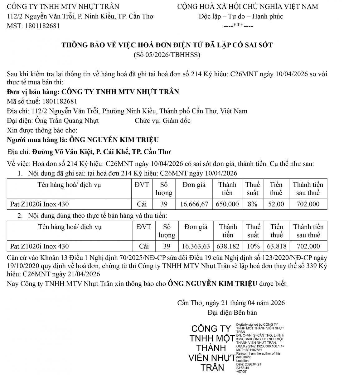 THÔNG BÁO VỀ VIỆC HOÁ ĐƠN ĐIỆN TỬ ĐÃ LẬP CÓ SAI SÓT (Số 05/2026/TBHHSS)