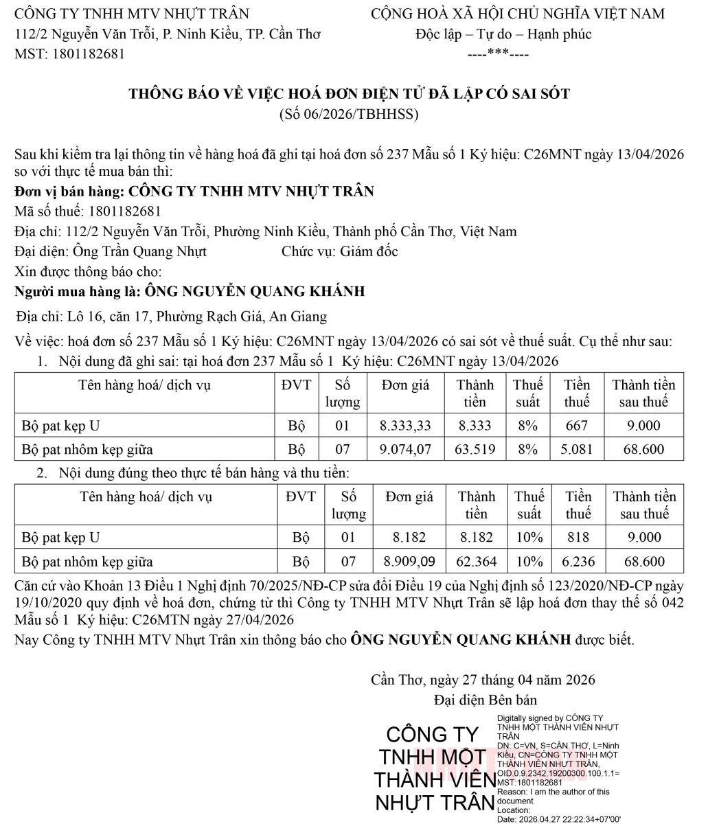 THÔNG BÁO VỀ VIỆC HOÁ ĐƠN ĐIỆN TỬ ĐÃ LẬP CÓ SAI SÓT (Số 06/2026/TBHHSS)